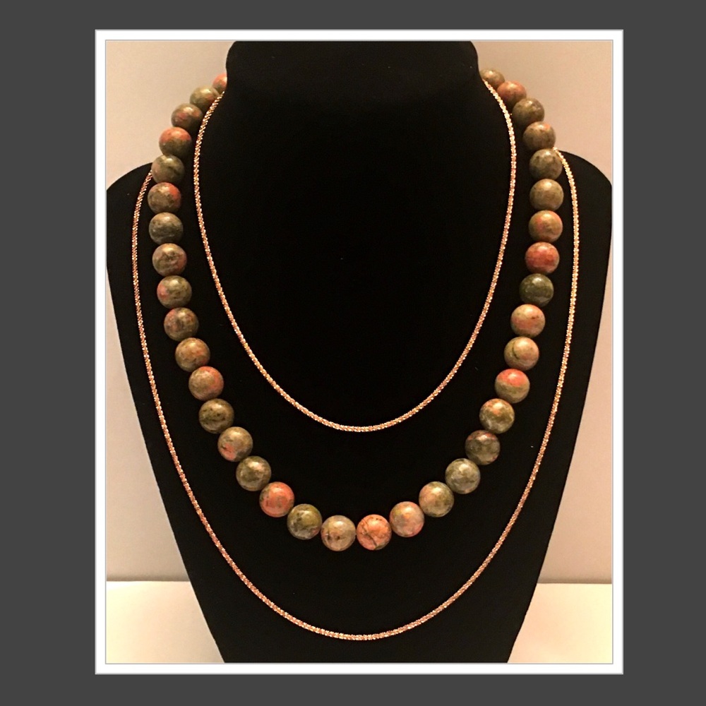 Unakite Beads Necklace and Italian 14K RG Over Sterling Silver Necklace